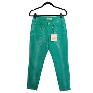 MISS HALLADAY Rise Teal White Splatter Paint Print Skinny Blue Green Jeans 8 NWT